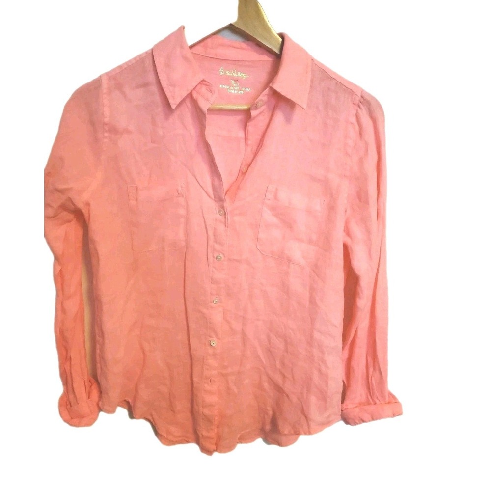 Lilly Pulitzer Sea View Button Down 100% Linen‎ LS Shirt Pink XS
